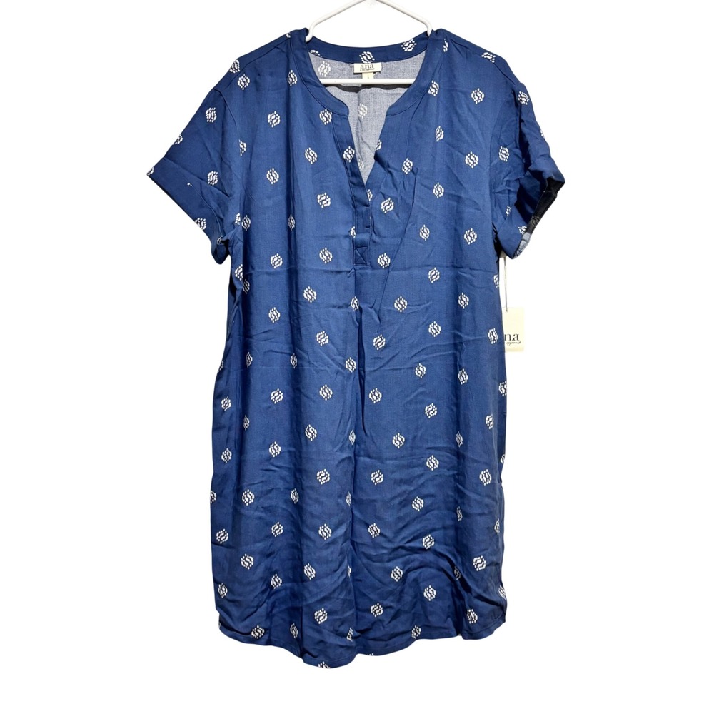 ANA A New Approach Shift Dress Womens Large Blue Geometric V-Neck Rayon Pockets - Picture 1 of 9
